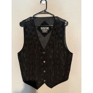 Vintage Agapo Suede Leather Vest Medium M Black Embroidered Western Snap Seal